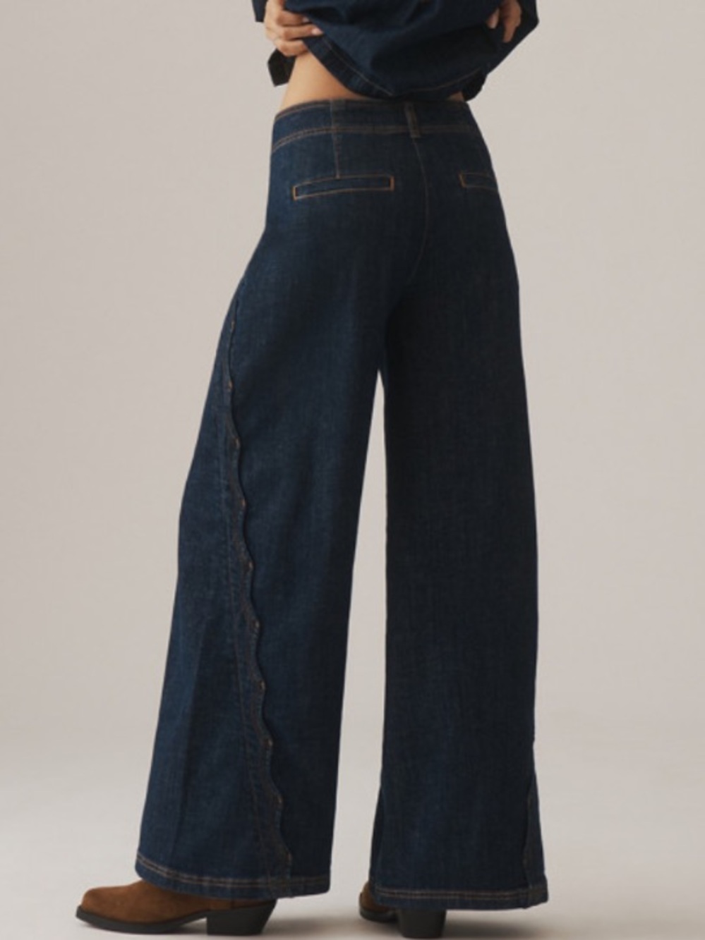 NEW Anthropologie Maeve Scallop Wide Leg High-Rise Dark Wash Jeans 27 Fall